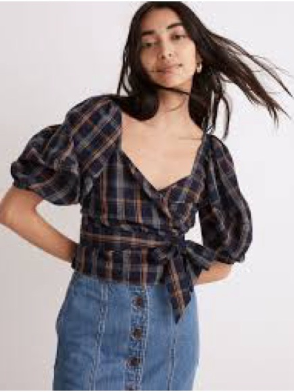 Madewell Plaid Wrap Puff-Sleeve Top in Navy
